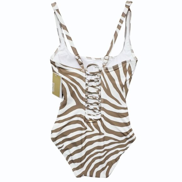 Michael Kors Womens 6 Tan Zebra Print 1 Piece Swimsuit Ladder Back Design - Picture 7 of 16